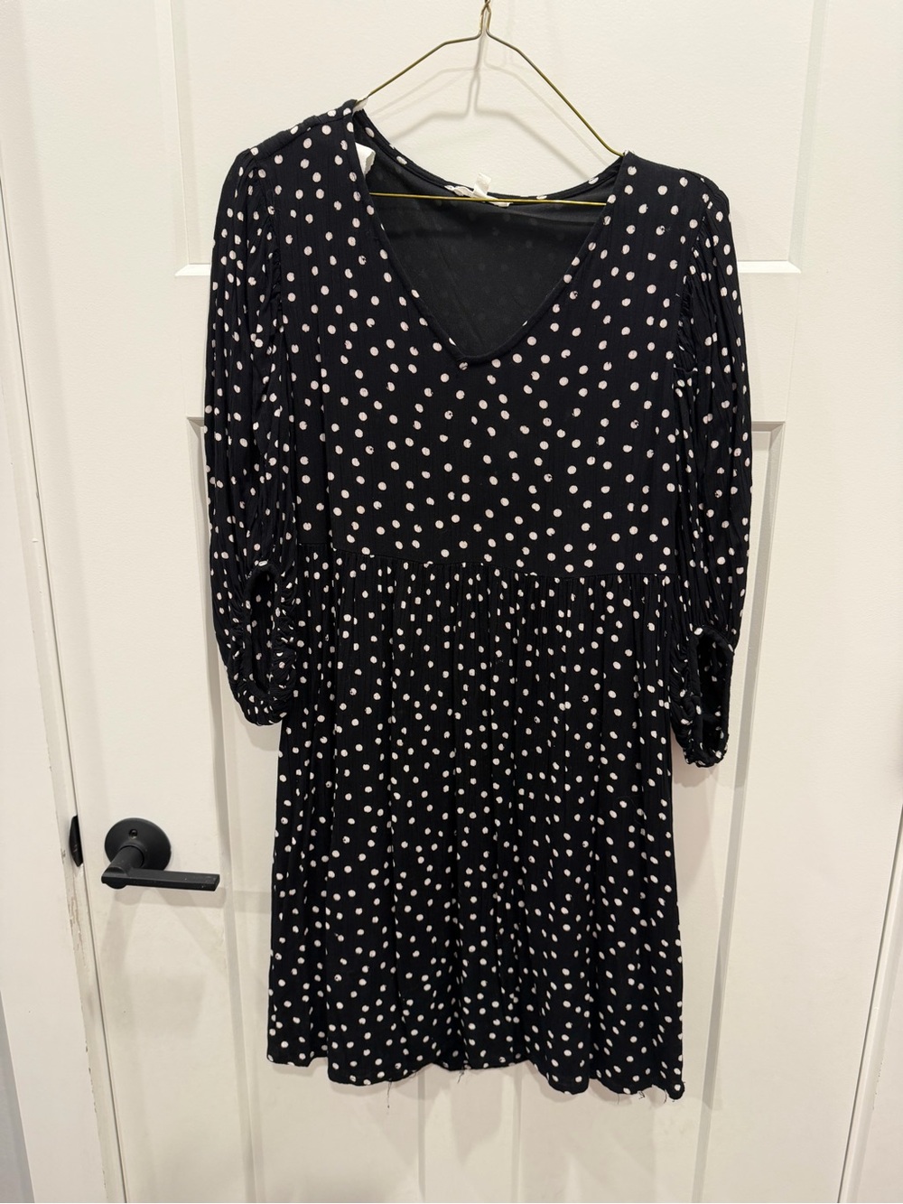 Black Polka Dot Long-Sleeve V-Neck Dress